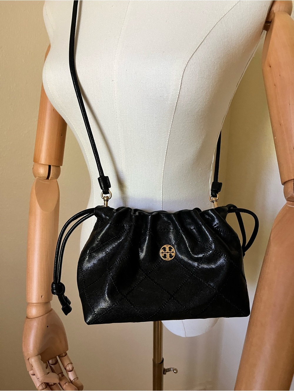 Tory Burch Black Quilted Drawstring Shoulder bag  with Gold Logo
